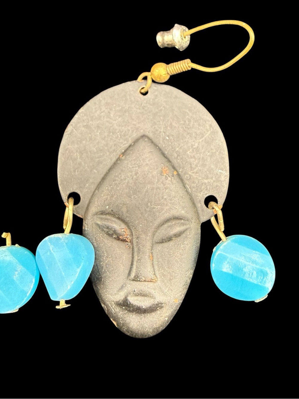 Handcrafted Grey Mask Drop Earrings with Turquoise Beads